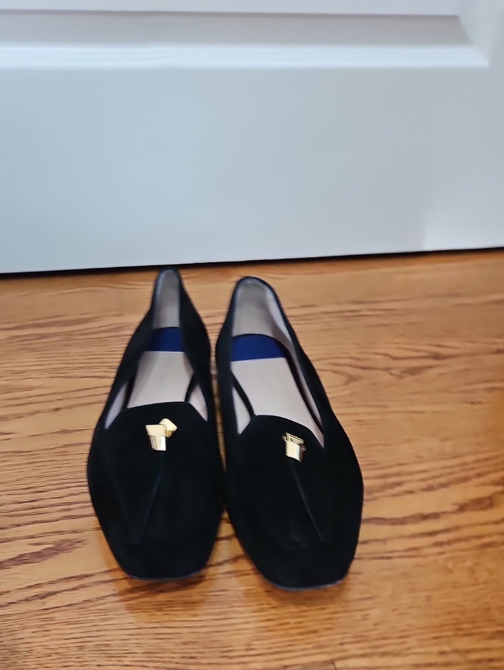 Stuart Weitzman Black Suede Loafers with Gold Hardware